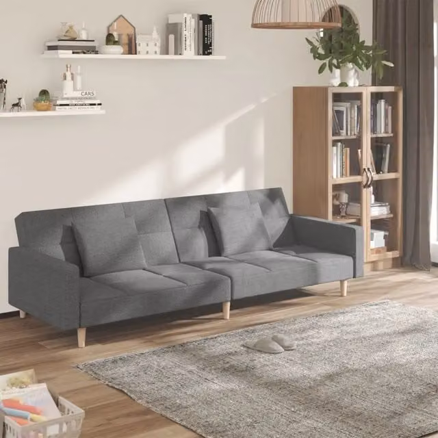 Divano Letto Click-Clack a 2 Posti vidaXL in Tessuto Grigio con 2 Cuscini e Struttura in Legno Massello L: 220 cm, P: 84,5 cm, H: 69 cm – 1