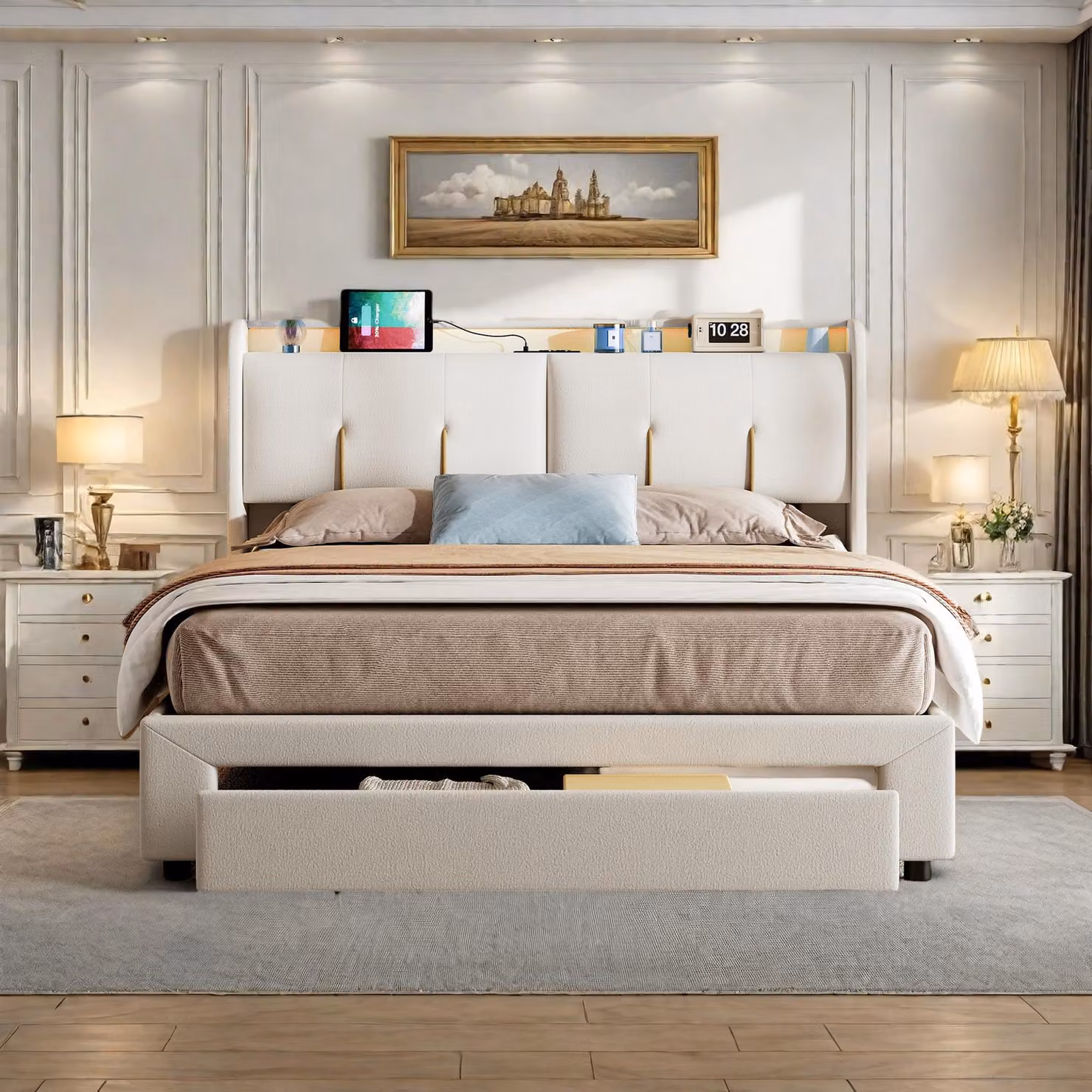 Letto matrimoniale 160x200 cm con box contenitore idraulico, testata in velluto beige con LED regolabile, porte USB integrate e prese UE