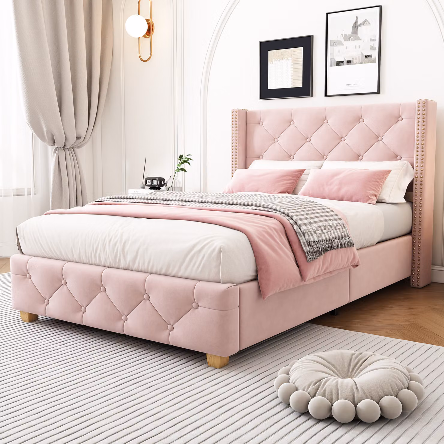 Letto imbottito Flieks 90x200cm letto per ragazzi con rete a doghe, letto singolo letti classici letto per bambini letto in legno massiccio, velluto, rosa