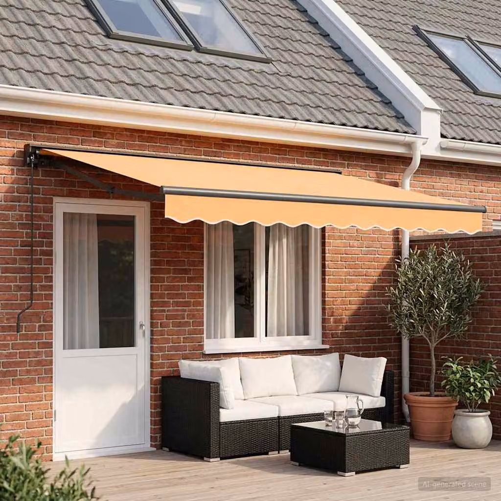 Tenda retrattile manuale vidaXL con bracci pieghevoli in colore sabbia, L: 5 m x P: 3,5 m
