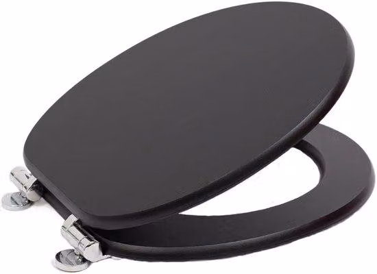 Sedile per WC Ibencoa® con sistema di chiusura ammortizzata – nucleo in MDF, colore nero, cerniere in acciaio inossidabile, dimensioni 43,5×37,8×5 cm, fissaggio da 10,5 a 20 cm