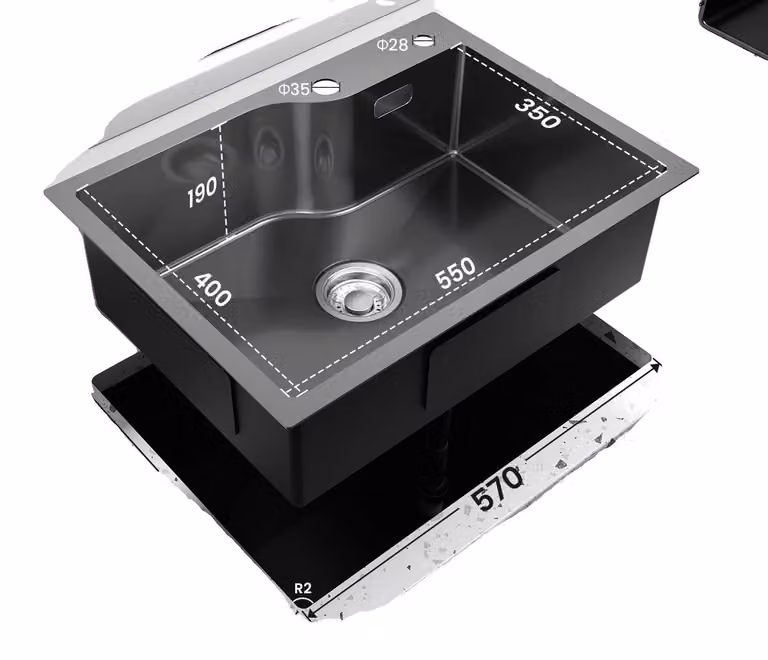 Lavello da cucina, rivestimento nanotecnologico avanzato, design del lavello ampio, colore nero nano, dimensioni 60 x 45 cm