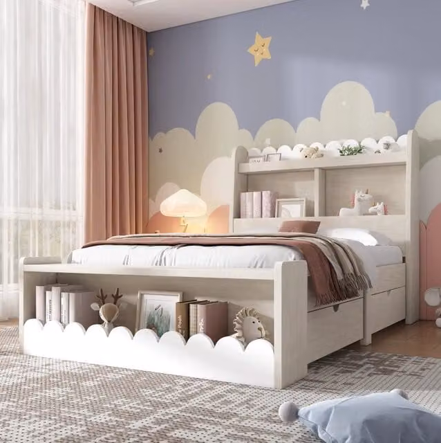 Letto per bambini 90x190 cm con 2 cassetti e ripiani; legno massello e MDF bianco e rovere chiaro