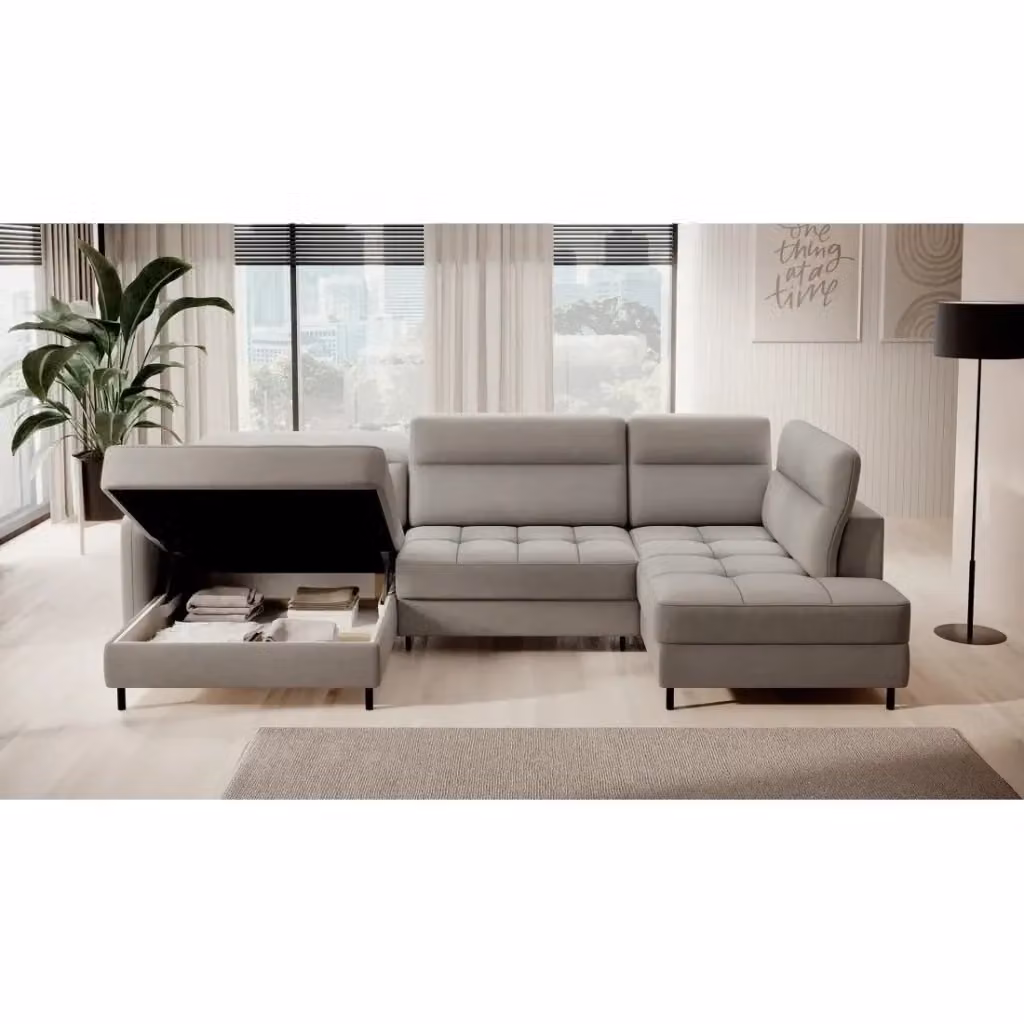Divano ad angolo trasformabile BERTHO MEUBLORAMA grigio con funzione letto e vano contenitore, angolo sinistro, L 306 cm x P 166 cm x H 100 cm – 2