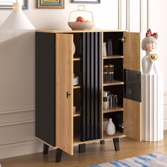 Vetrina moderna con 2 ante in vetro, illuminazione LED integrata e 3 ripiani in legno truciolare nero e marrone, L 120 cm x H 80 cm x P 40 cm