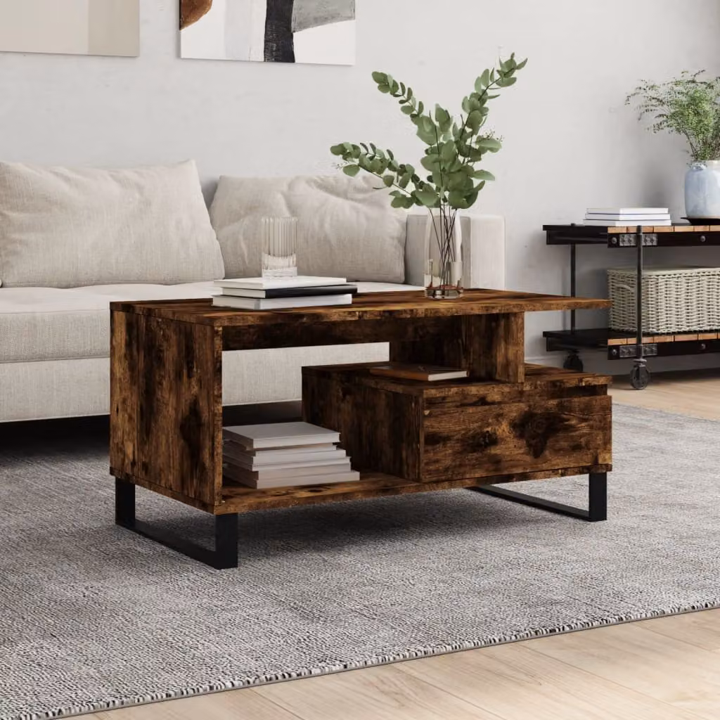 Tavolino da salotto moderno vidaXL in legno e metallo color marrone, L 90 cm x P 49 cm x H 45 cm