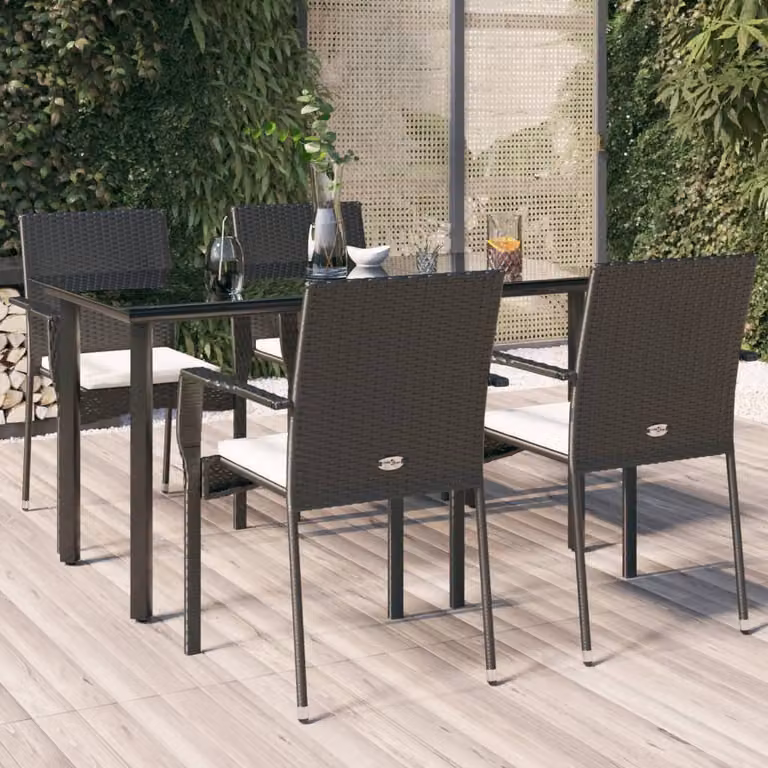 Set da pranzo da giardino vidaXL in polyrattan nero con cuscini e tavolo in vetro