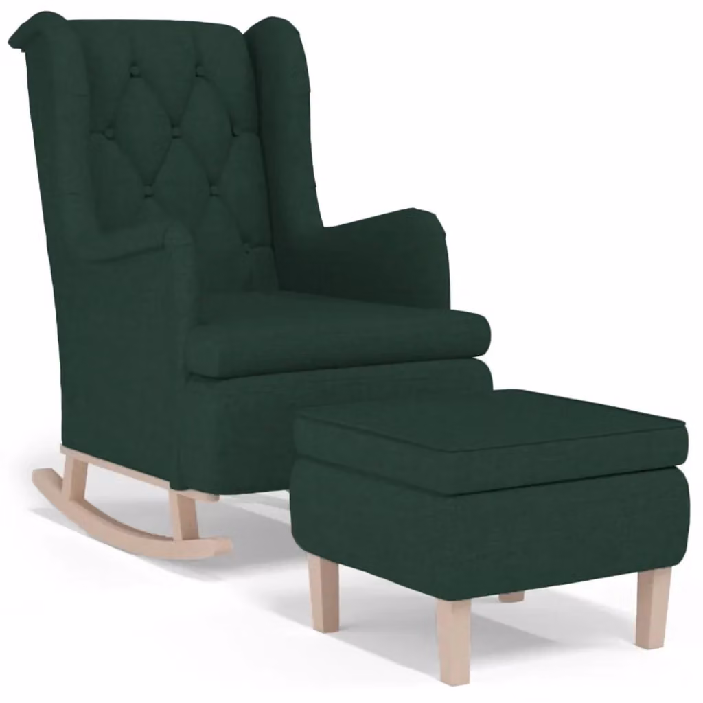 vidaXL Poltrona Relax con Sgabello e Braccioli in Tessuto Verde Scuro con Struttura in Legno Massiccio – 2