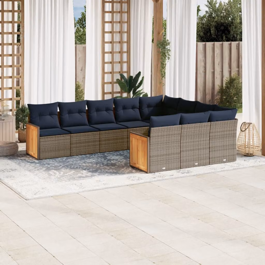 Set di divani da giardino vidaXL a forma di L con cuscini, polyrattan e struttura in metallo, grigio e blu