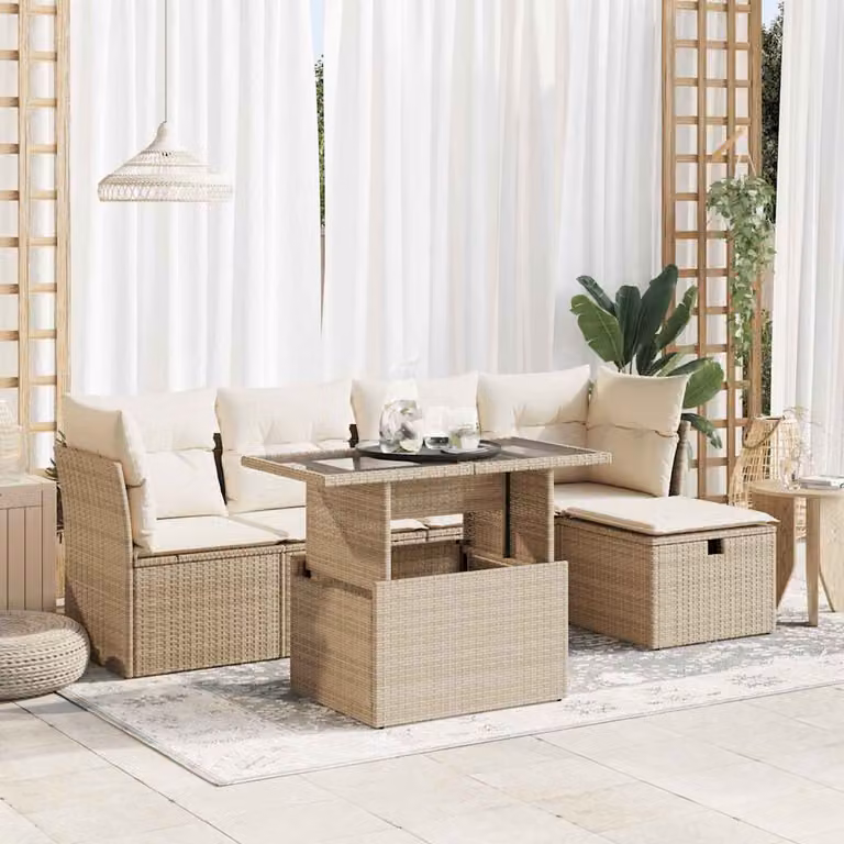 Set Divano da Giardino vidaXL 6 Pezzi a Forma di L con Cuscini Beige e Tavolino in Vetro