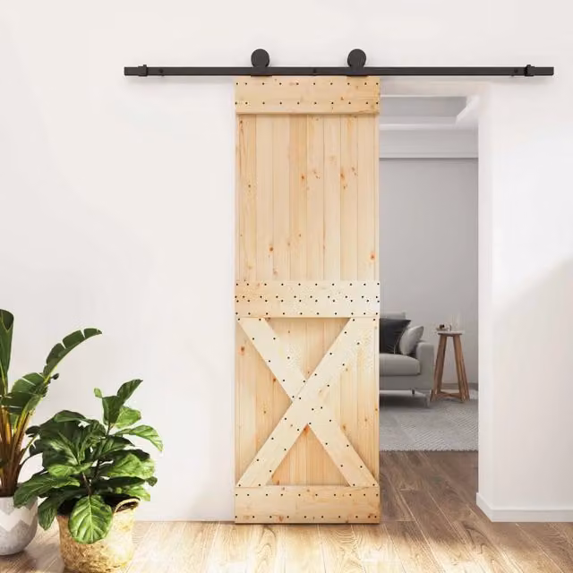 Porta scorrevole moderna vidaXL in legno e acciaio, colore naturale e nero, H: 210 cm, L: 70 cm