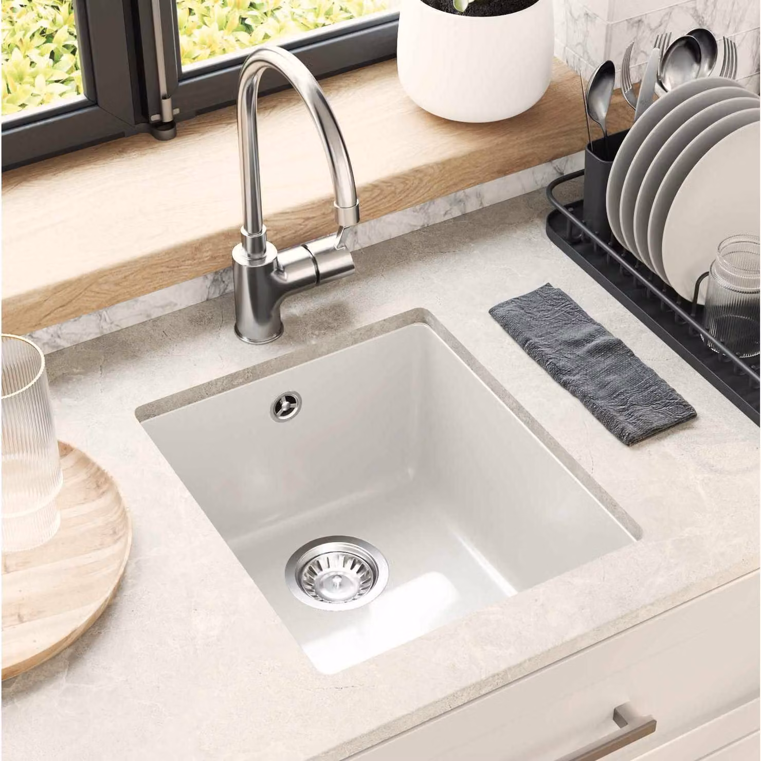 Lavello vidaXL in quarzo e resina bianco L: 37 cm, P: 46 cm, H: 20 cm