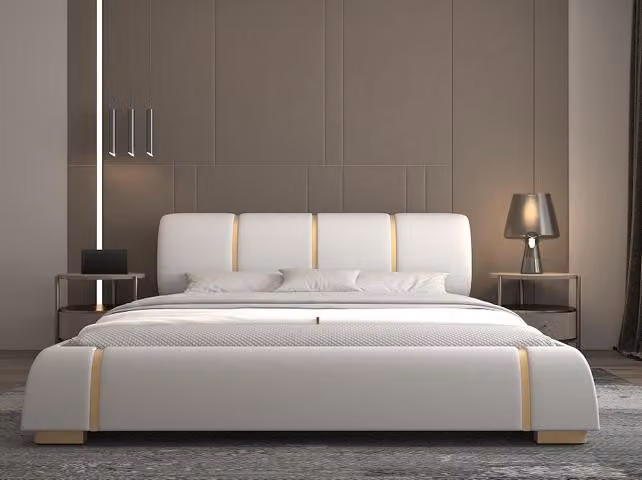 Luxus Bett mit Gold Akzenten Modernes Design Gepolstertes Kopfteil Schlafzimmer