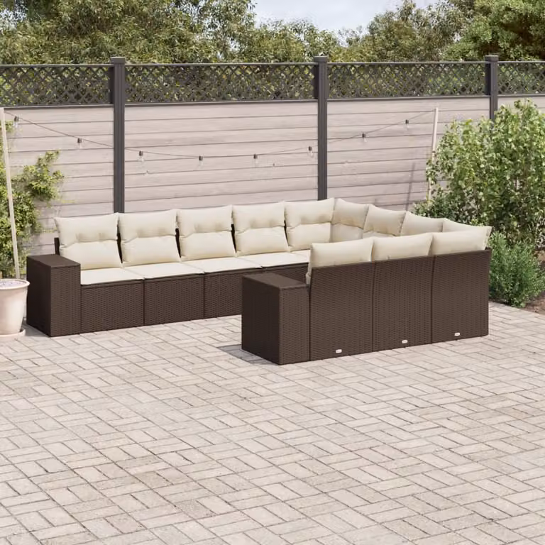 vidaXL Set Divani da Giardino a L 10 Pezzi in Polyrattan Marrone con Cuscini Bianchi e Imbottitura Removibile