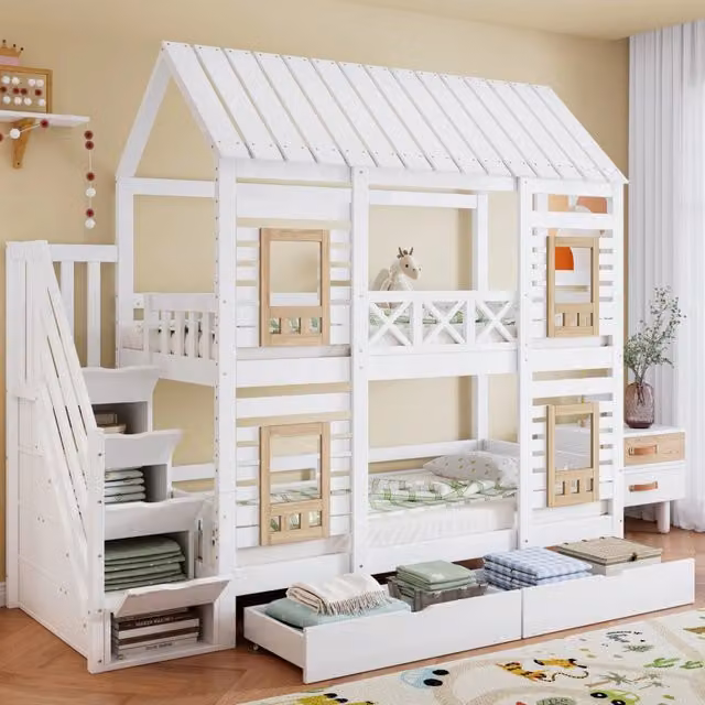 Letto a castello ULEVR 90x200 cm con 2 cassetti, scala con 4 vani e finestre, bianco e naturale