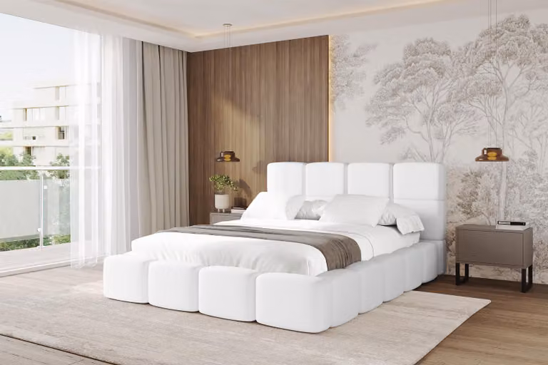 Letto imbottito ALTDECOR con contenitore - NATA 160x200 bianco, letto con testiera, letto contenitore senza materasso, letto matrimoniale con contenitore