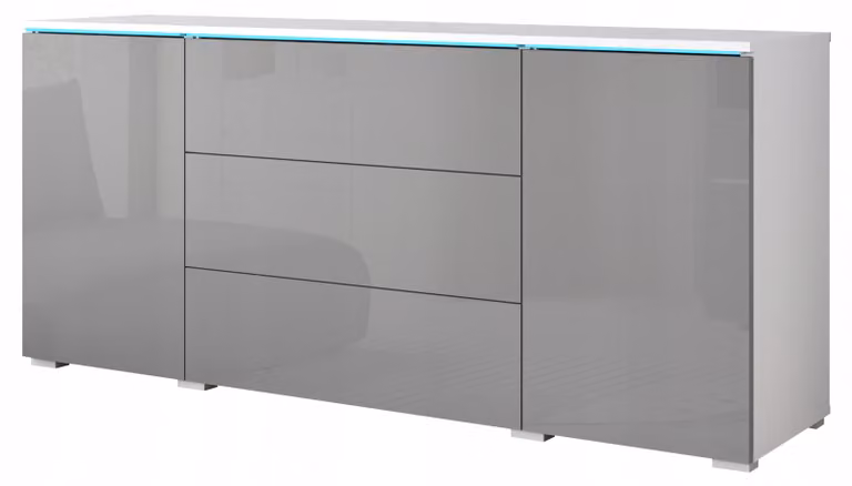 Comò da 150 cm per soggiorno, con cassetti e ante, finitura bianca/grigia lucida, con illuminazione LED