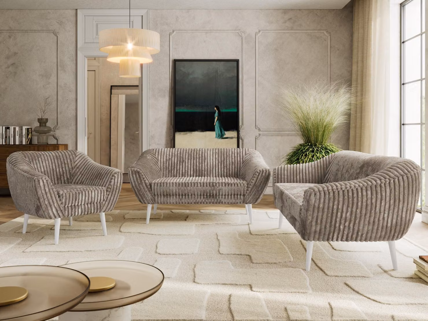 Divano componibile MKS MEBLE PIRS 1-2-3, set completo in stile scandinavo, con sospensioni a molle, gambe bianche, gruppo sedute, set di mobili, set con braccioli - color beige chiaro (tessuto velluto)