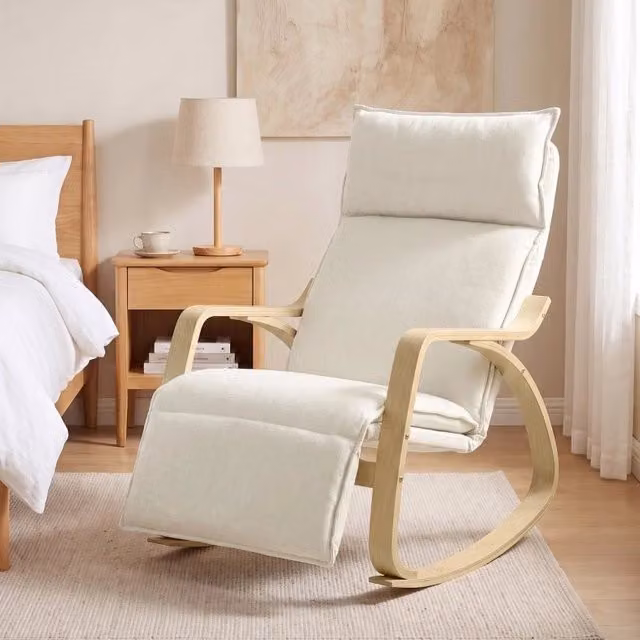 Poltrona a dondolo 106x67x92 cm in poliestere bianco, poggiapiedi regolabile –
