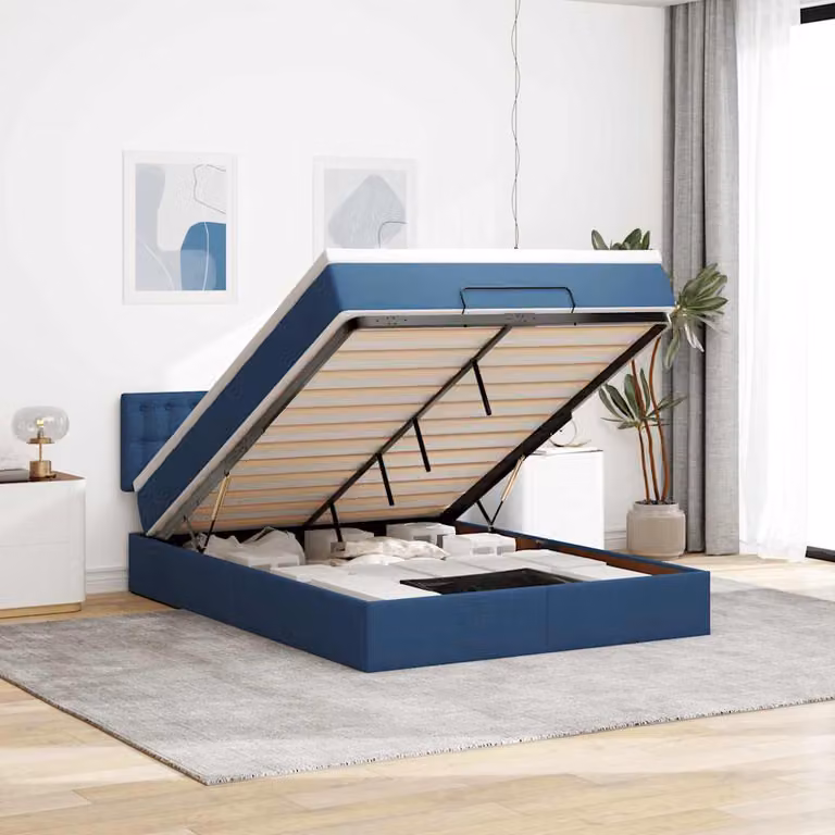 Letto con Pouf e Materasso vidaXL in Tessuto Blu e Bianco, con Base a Sollevamento, Illuminazione Sotto il Letto e Porte USB, L/P/H: 144 x 200 x 88 cm