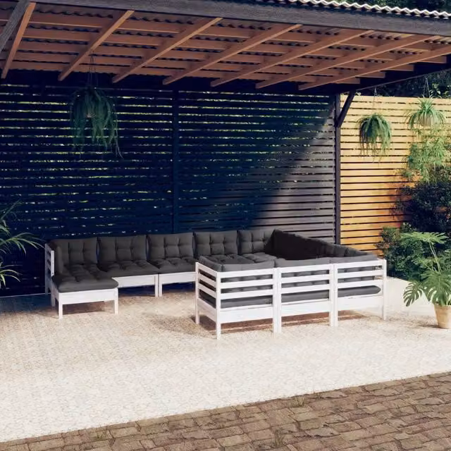 Set Divani da Giardino 11 pz con Cuscini Legno di Pino Bianco 3097044