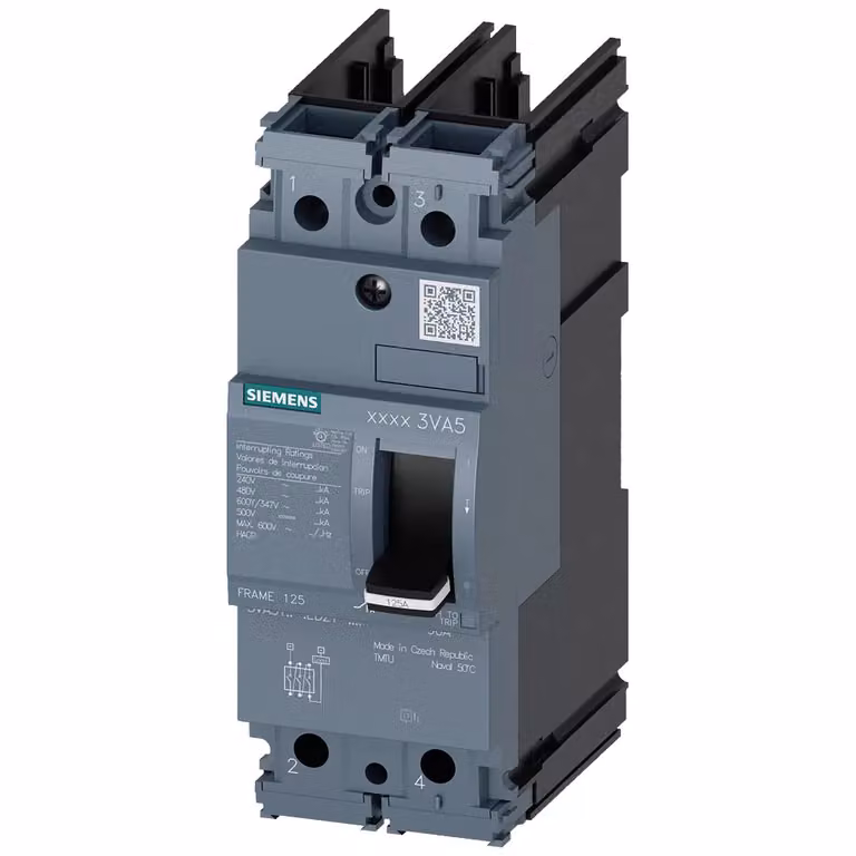 Interruttore di potenza Siemens 3VA5 UL, telaio 125, classe di capacità di interruzione S, 25 kA a 480 V, bipolare, 3VA51354ED211AA0