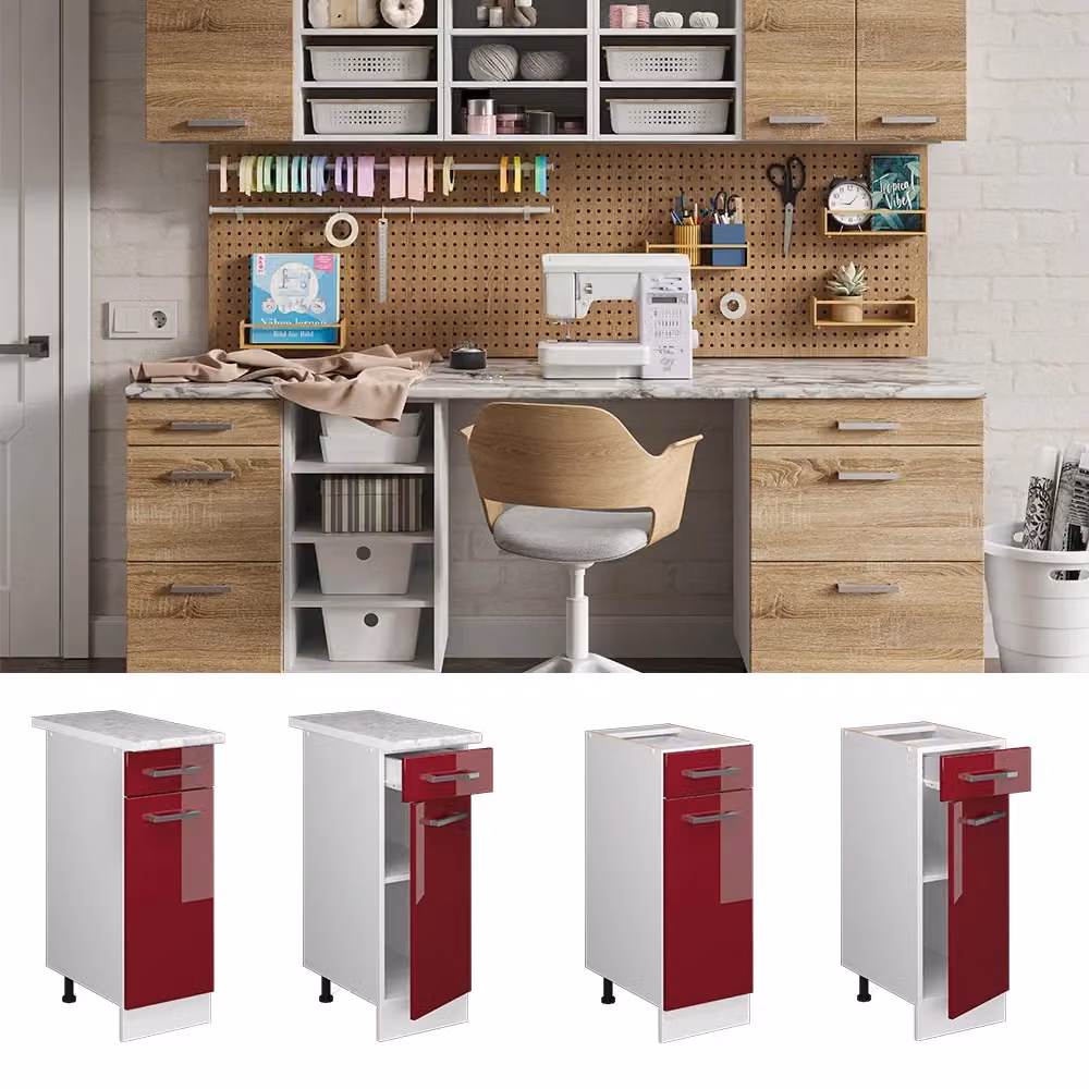 Base cucina Vicco R-Line rossa lucida con cassetto e piano di lavoro L/P/H: 60 x 30 x 81,6 cm – 2