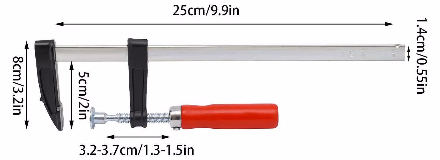 Set di 5 morsetti a vite a F - Morsetti a barra - Apertura 25 cm - Sbraccio 5 cm - In ferro - Per lavori in legno