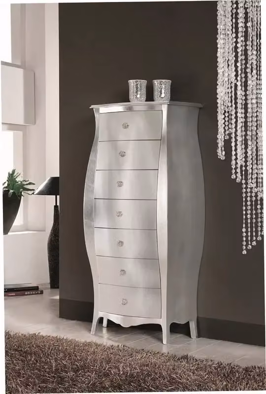 Cassettiera bombata in legno con finitura foglia argento Mobili 2G L: 74 cm, P: 37 cm, H: 142 cm – 2