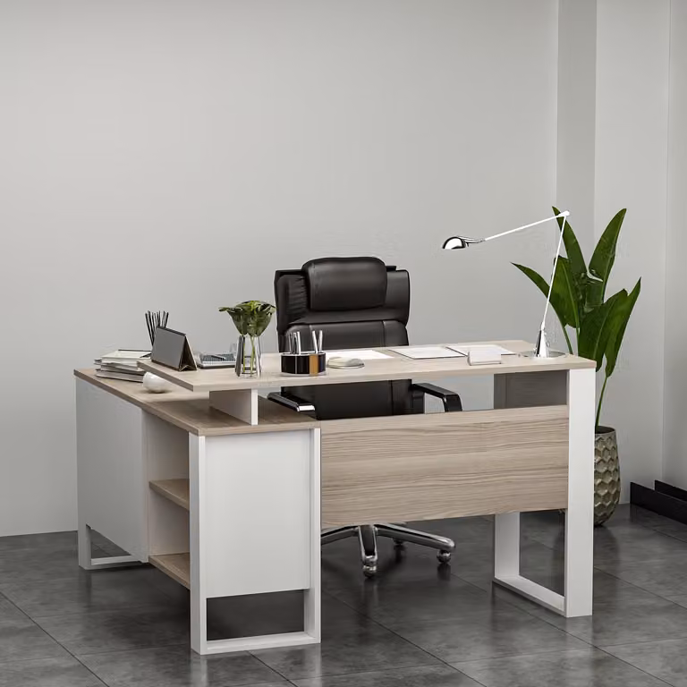 Homidea ARES scrivania angolare moderna – Scrivania per computer a forma di L con ripiani e cassetti per l'ufficio e la casa 120/120 x 50 / 35 x 73,8 cm ( Avola - Bianco )