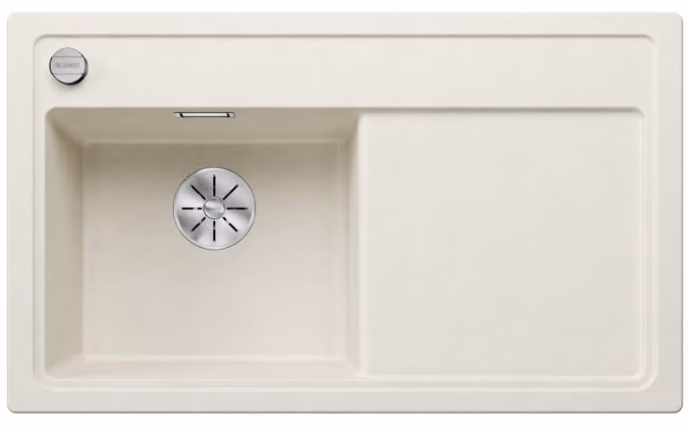 Lavello in Silgranit colore bianco opaco, dimensioni 860x510 mm, con sistema di scarico a comando remoto