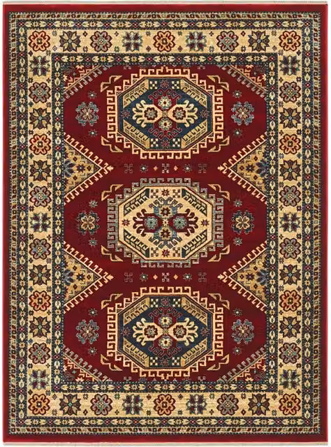 Tappeto KAZAKH 1351 rosso e oro cm.240x340 stile orientale persiano alta qualità con effetto lucente