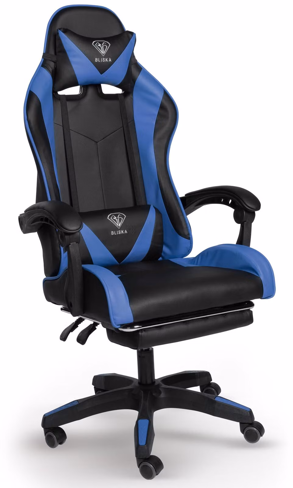 Poltrona direzionale, sedia per l'ufficio, sedia da ufficio in stile racing, sedile sportivo, colore: nero / blu