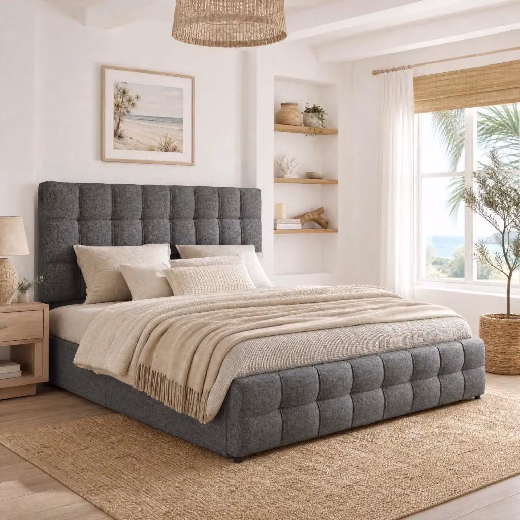 Letto Mivray con cassetti e testiera regolabile in tessuto grigio L/P/H: 140 x 200 x 107 cm – 2
