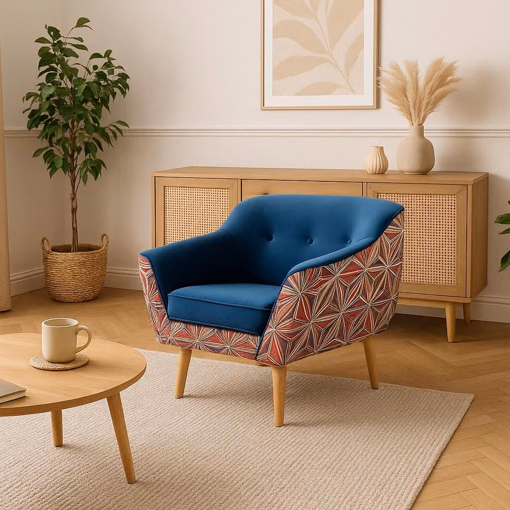 Poltrona GUTTO blu con motivo grafico MUSTI Poltrona TV reclinabile in velluto BLU Motivo grafico Poltrona imbottita scandinava Gambe in legno Gambe alte