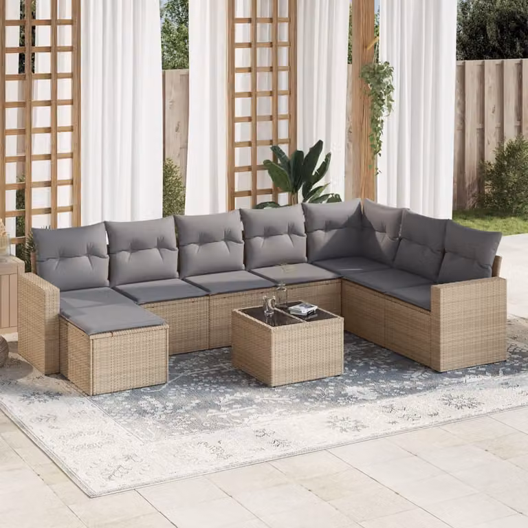vidaXL Set Divano da Giardino 9 pz a Forma a L con Cuscini Beige e Tavolino, Struttura in Acciaio e Polyrattan per Terrazza e Giardino