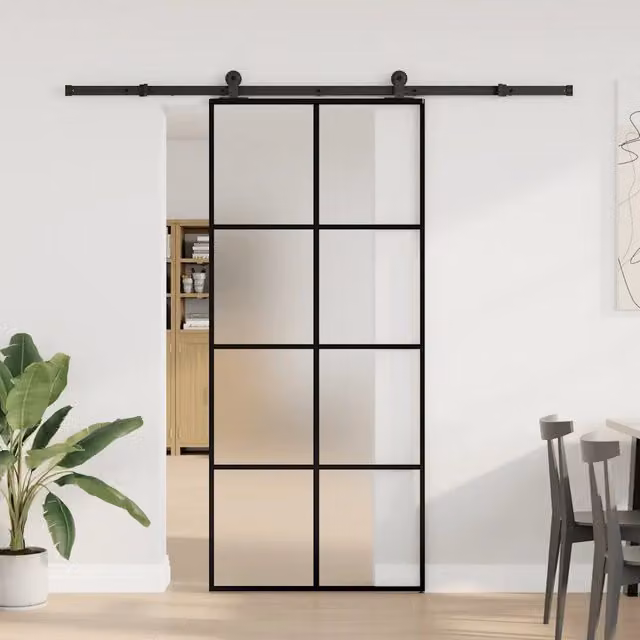 Porta Scorrevole Moderna vidaXL in Vetro e Alluminio Nero L: 90 cm, H: 205 cm