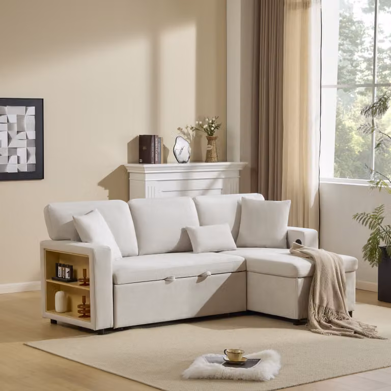 okwish Divano letto, Divano a L, Divano relax con funzione letto, Contenitore e ripiano integrato, Bianco