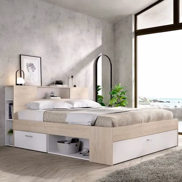 Letto alla francese Conching DMORA con cassetti, struttura porta materasso Bianco e Rovere, L/P/H: 150 x 219 x 95 cm – 1