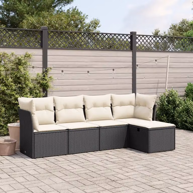Set di Divani da Giardino vidaXL 5 pz a Forma a L con Cuscini in Polyrattan e Struttura in Acciaio Nero e Bianco
