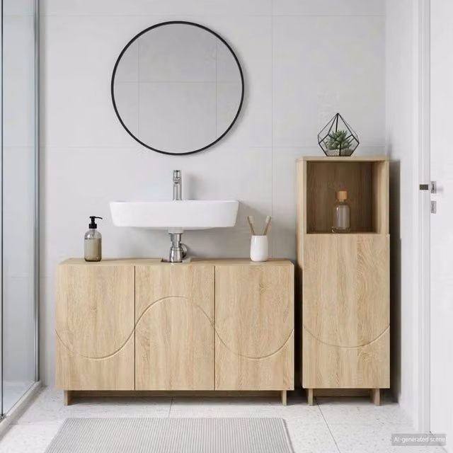 Set mobili da bagno moderno vidaXL in legno color marrone con vanità e ante a cerniera L/P/H: 101,0 x 40,79 x 76,7 x 95,0 cm