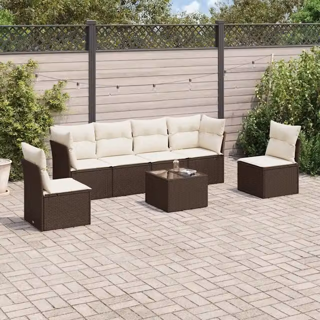 Set Divani da Giardino 7 pz con Cuscini Marrone in Polyrattan 3249222