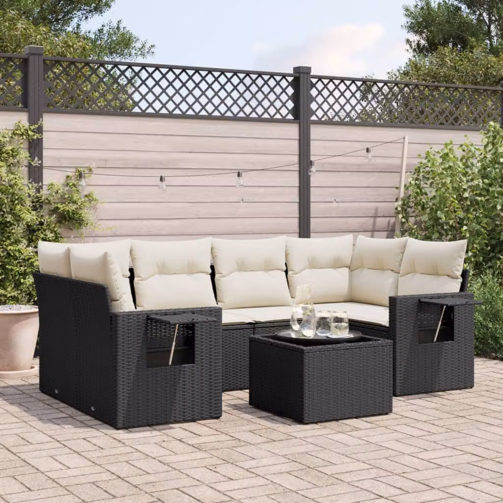Set di Divani da Giardino a L vidaXL in Polyrattan Nero con 7 Cuscini e Tavolino da Esterno – 1