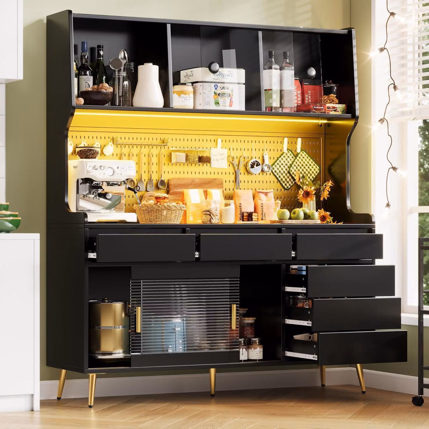 Mobiletti da cucina, colonna alta con illuminazione a LED e piano di lavoro, dimensioni 145x39x171 cm, colore nero