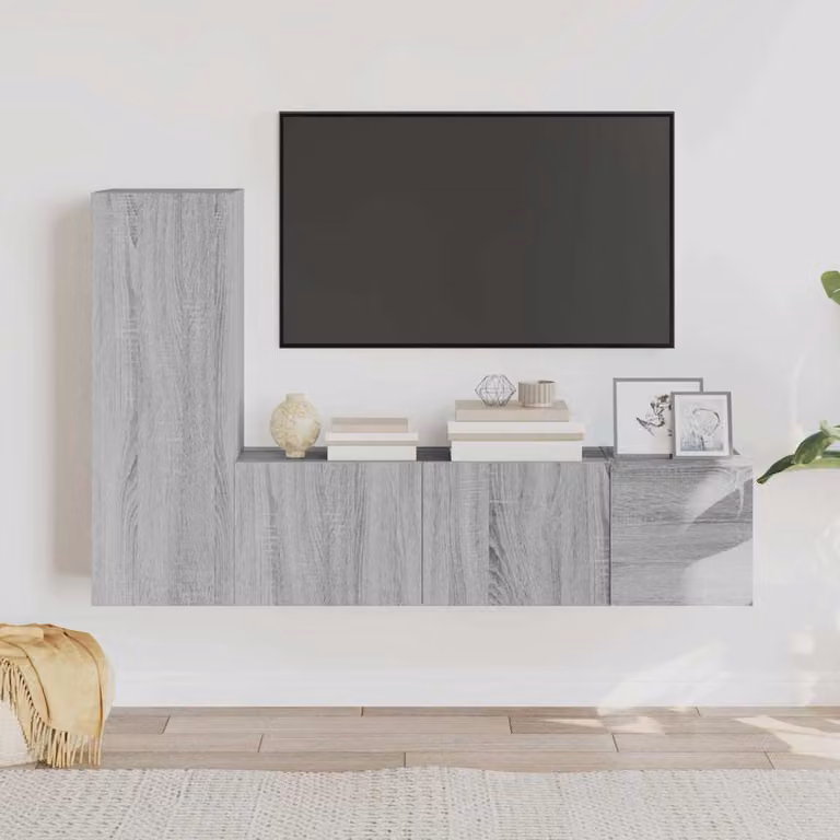 Set di mobili porta TV moderno vidaXL in legno multistrato grigio da 3 pezzi con scomparti multimediali e montaggio a parete