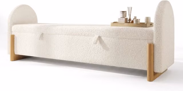 Panca contenitore 186x47x61 cm con apertura idraulica in ciniglia bouclé; bianca