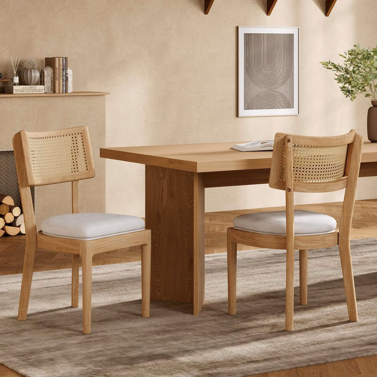 Flieks sedie da pranzo in rattan sedie da cucina 2pcs, sedia da soggiorno in rattan con cuscino in lino, 50x58x88cm, finitura naturale