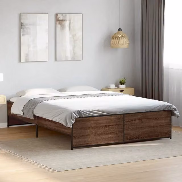 Letto Giroletto vidaXL in Legno e Metallo Colore Rovere Marrone L: 150 cm, P: 200 cm