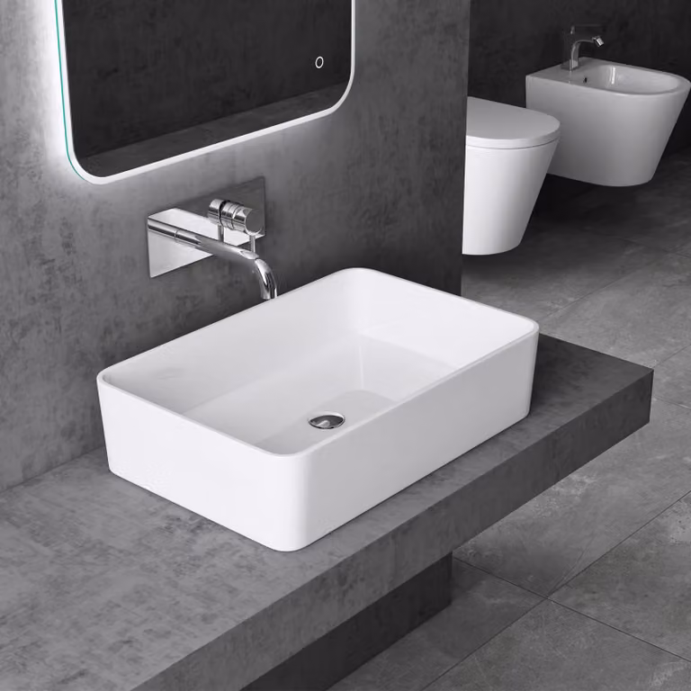 doporro Lavabo da Appoggio Rettangolare in Marmoresina Bianco Lucido 60x40x15 cm, Lavandino Bagno Moderno Colossum102