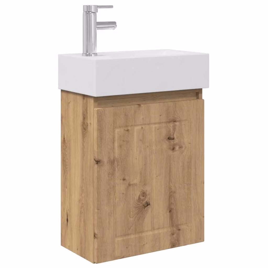 Mobile bagno moderno vidaXL in rovere con lavabo in ceramica bianca e dettagli argento, sospeso – 2